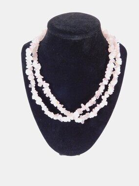 Beaded Layered Double Strand Necklace Pink Gemstone Rose Quartz Tie Jewelry